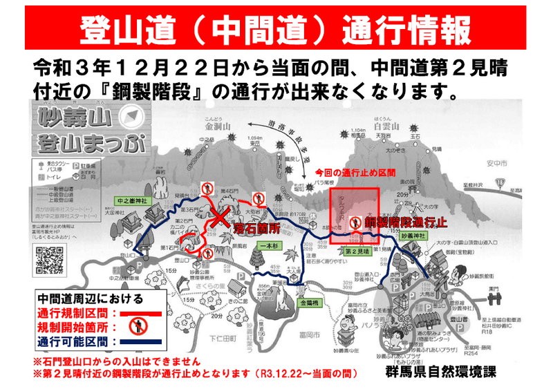 妙義山中間道通行止め